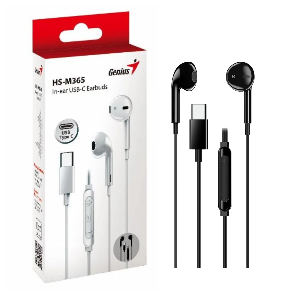 AURICULARES  GENIUS/HS-M365 EARBUDS NEGRO -MIC INTEGRADO -USB TIPO C -CABLE 1.2M