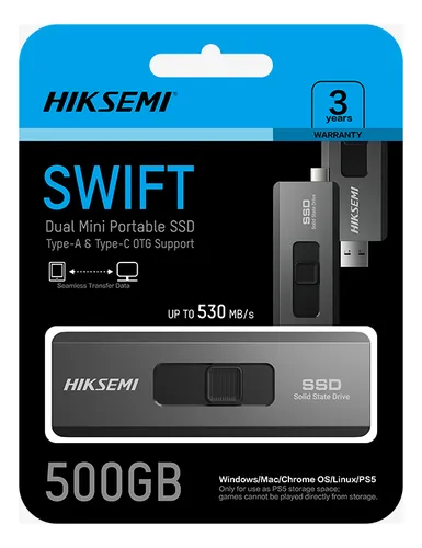 SSD EXTERNO 500GB HIKSEMI SWIFT DUAL USB-A 3.2 + USB-C FORMATO PENDRIVE LECTURA 530MB/s, 450MB/s HS-USB-S309C